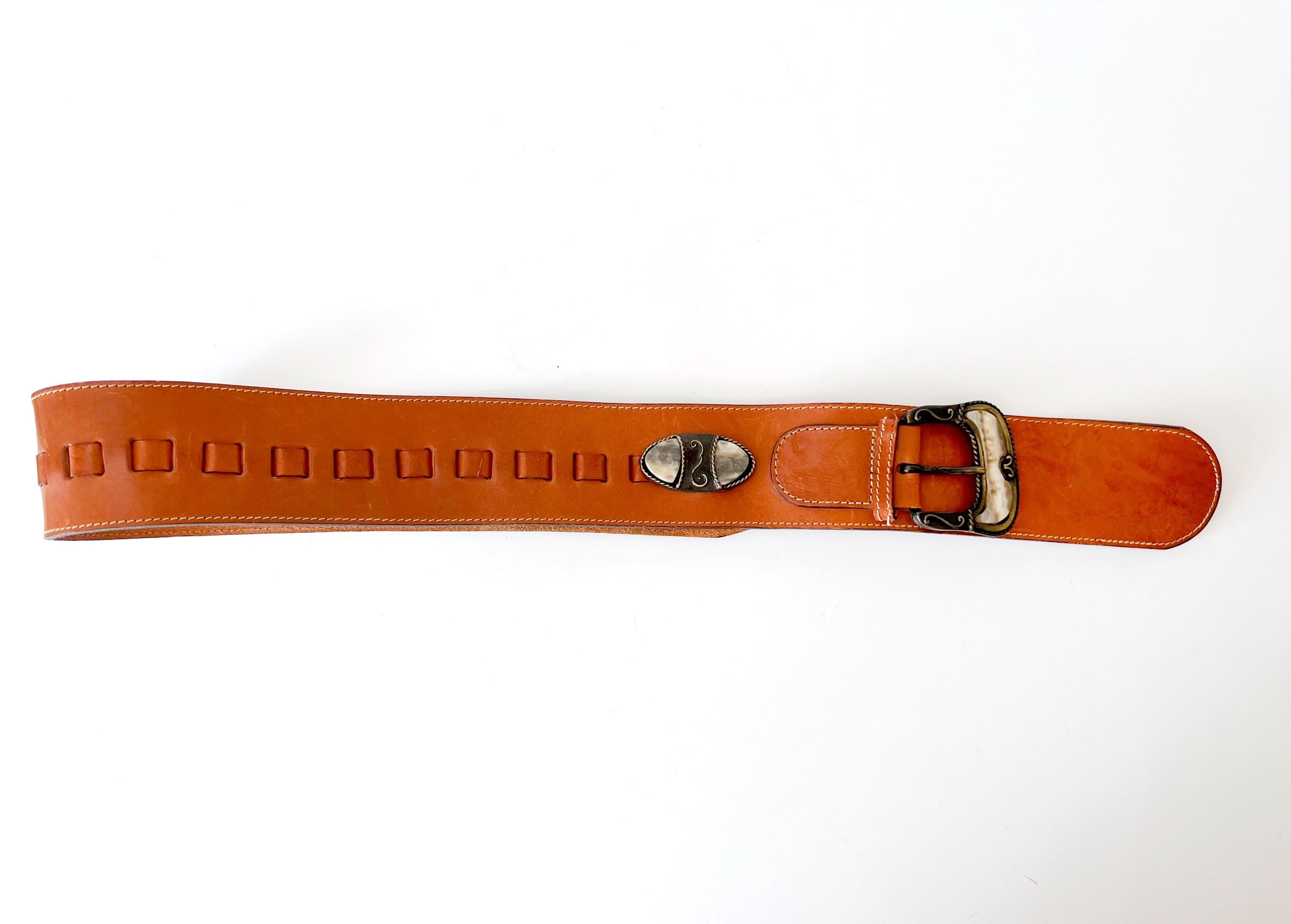 vintage wide belt stone metal and leather cinch belt / large