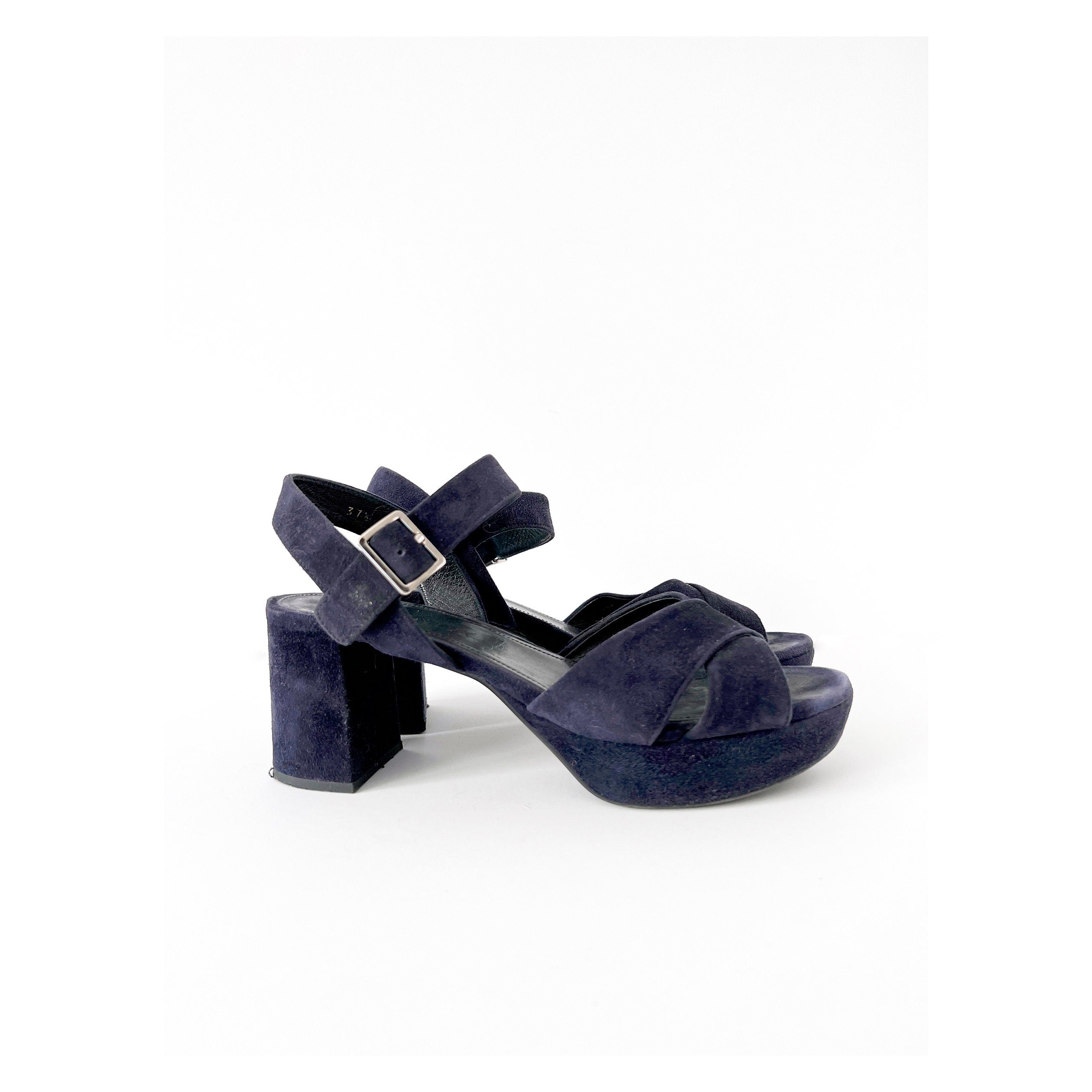 prada blue suede platform sandals 37.5  /  7.5