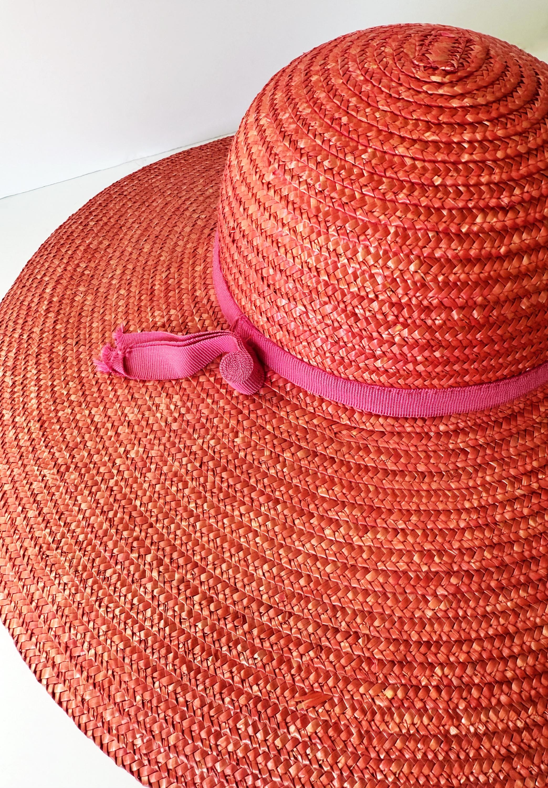 Vintage Wide Brimmed Pink Straw Hat by Betmar in Italy