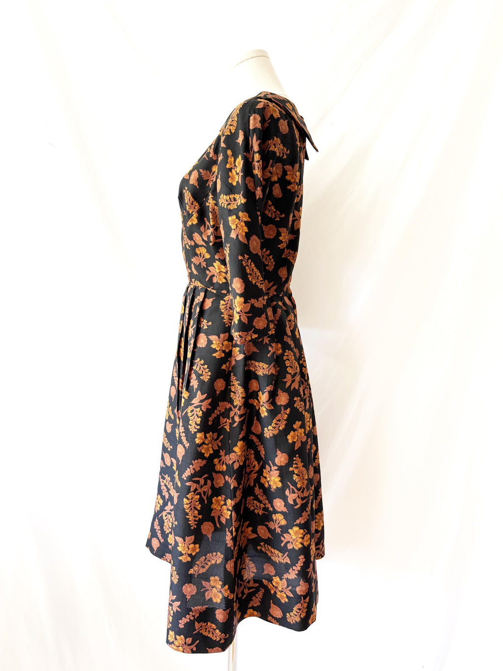 Vintage 1950s Autumn Leaves Silk Midi Dress Small