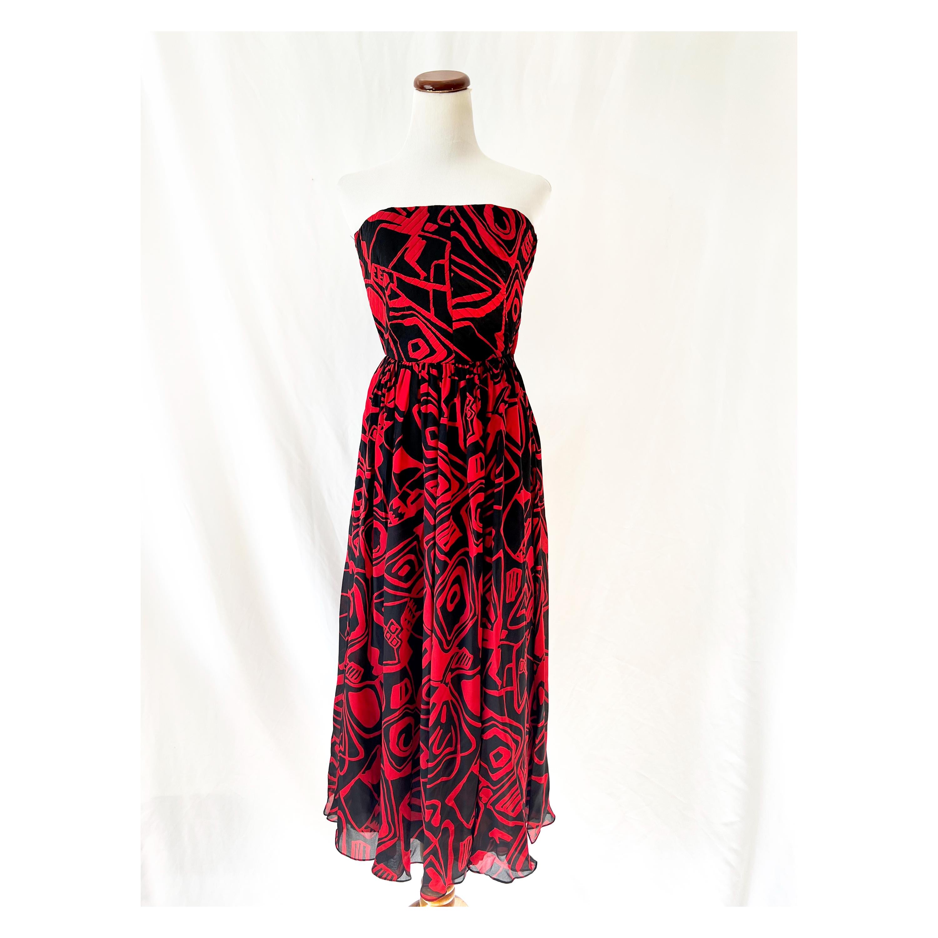 Vintage Albert Nipon Silk Strapless Dress: Red Black Abstract Print, Size 2-4