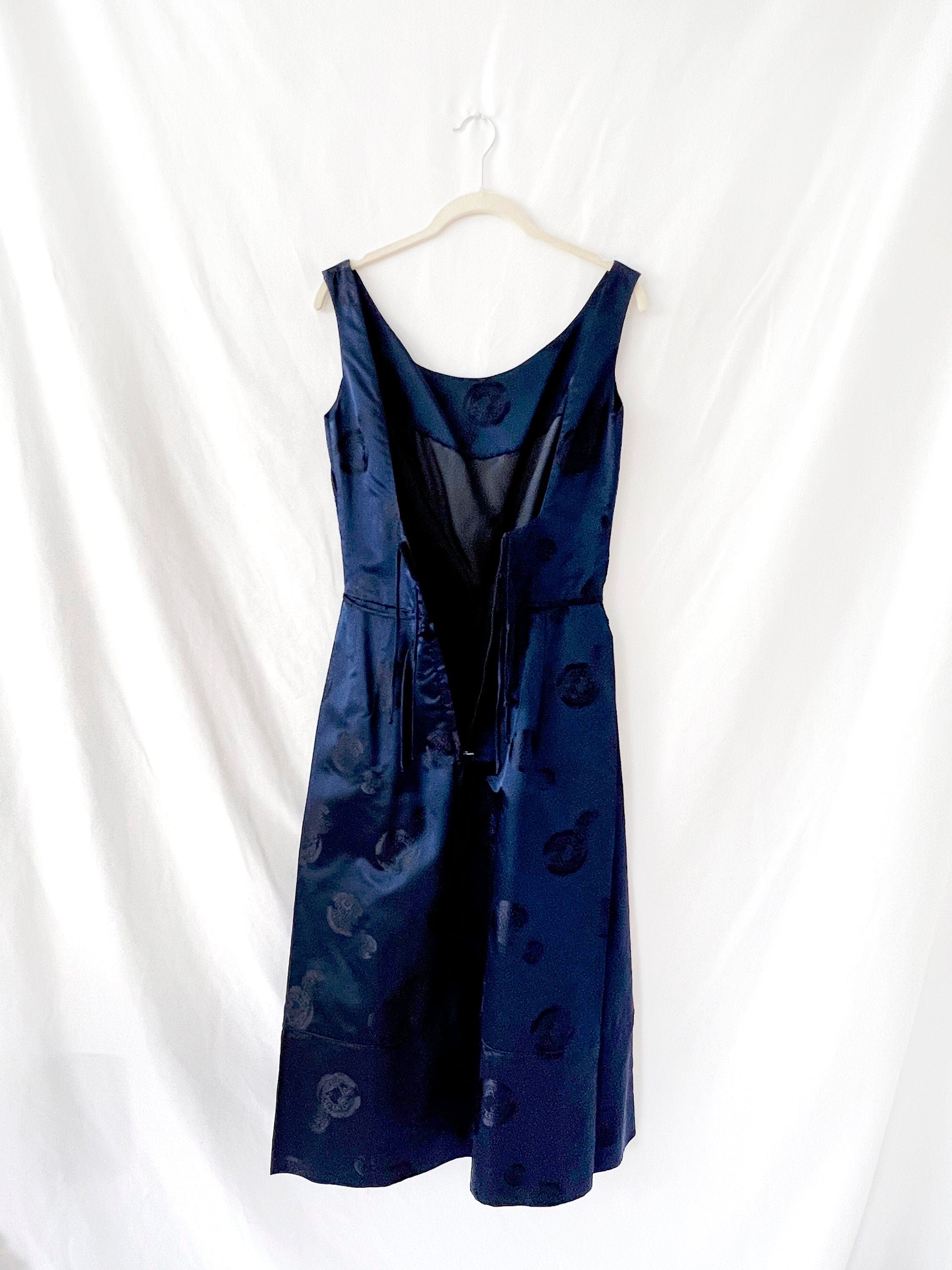 1950s / 1960s vintage dark blue chinese silk dress xs - small