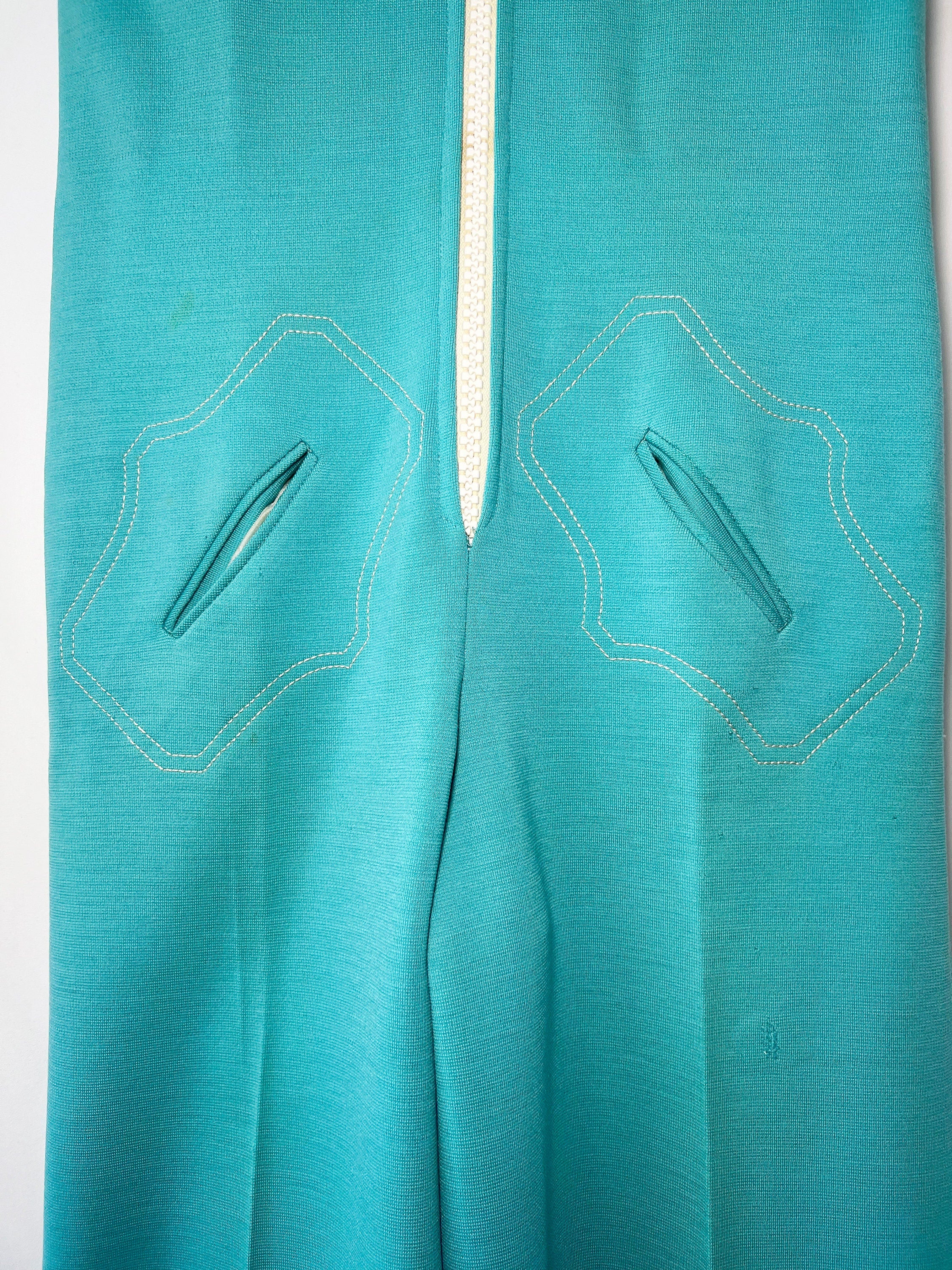 vintage 70s French jumpsuit turquoise zippered wool one piece  small