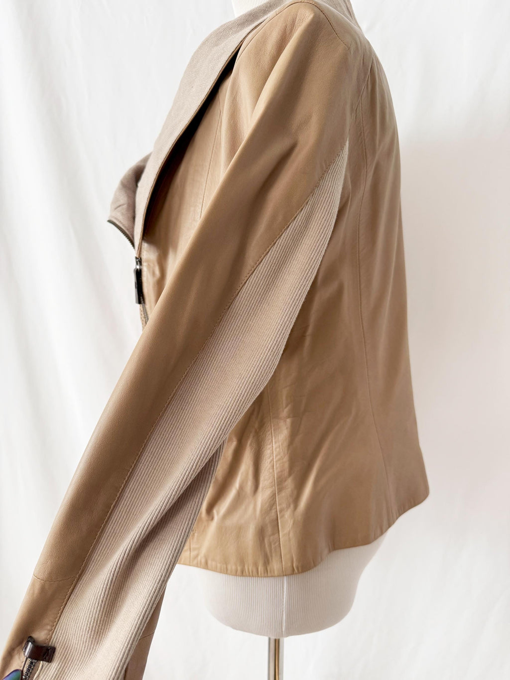 Leather Jacket with oversized Linen Collar Large