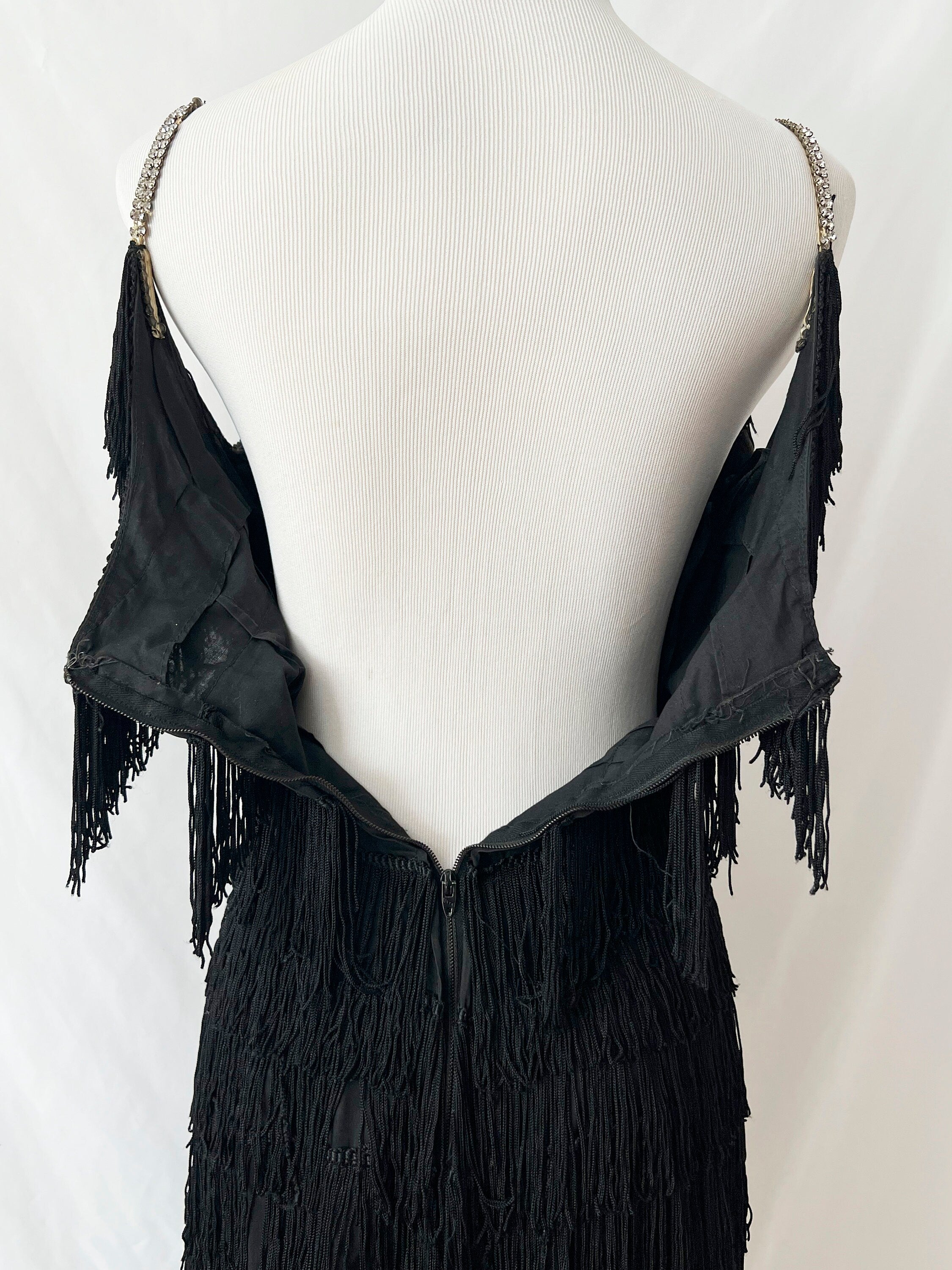 Vintage Black Fringe Dress with Rhinestone Straps - XS/S - Needs Repair