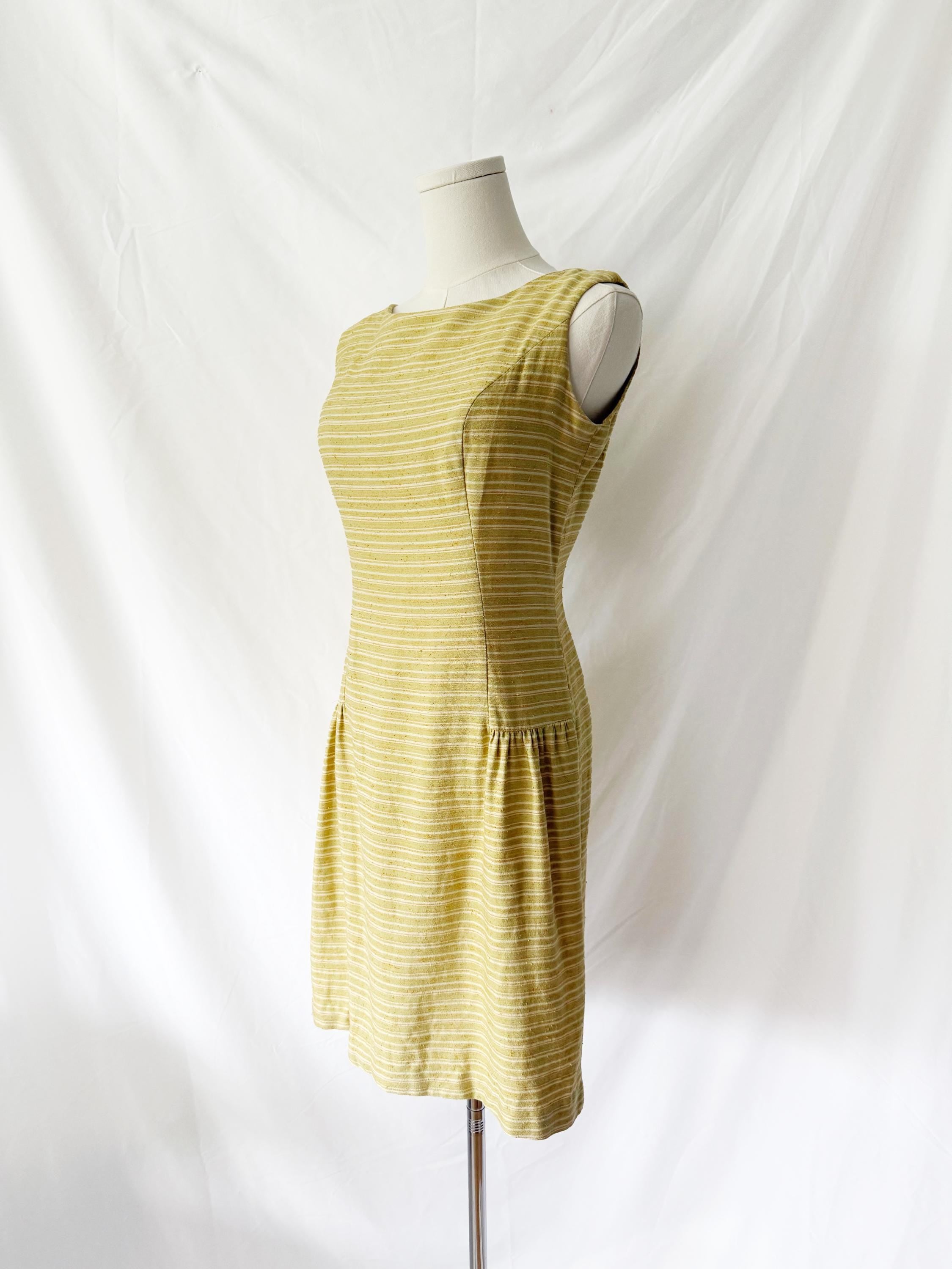 1960s Mustard Striped Cotton Shift Dress Small