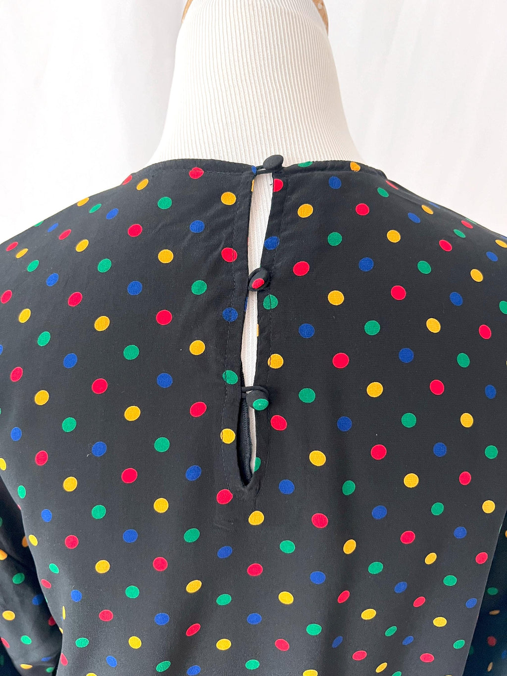 Vintage Jaeger Silk Blouse: 1980s Polka Dot with Fringe Sash, Small