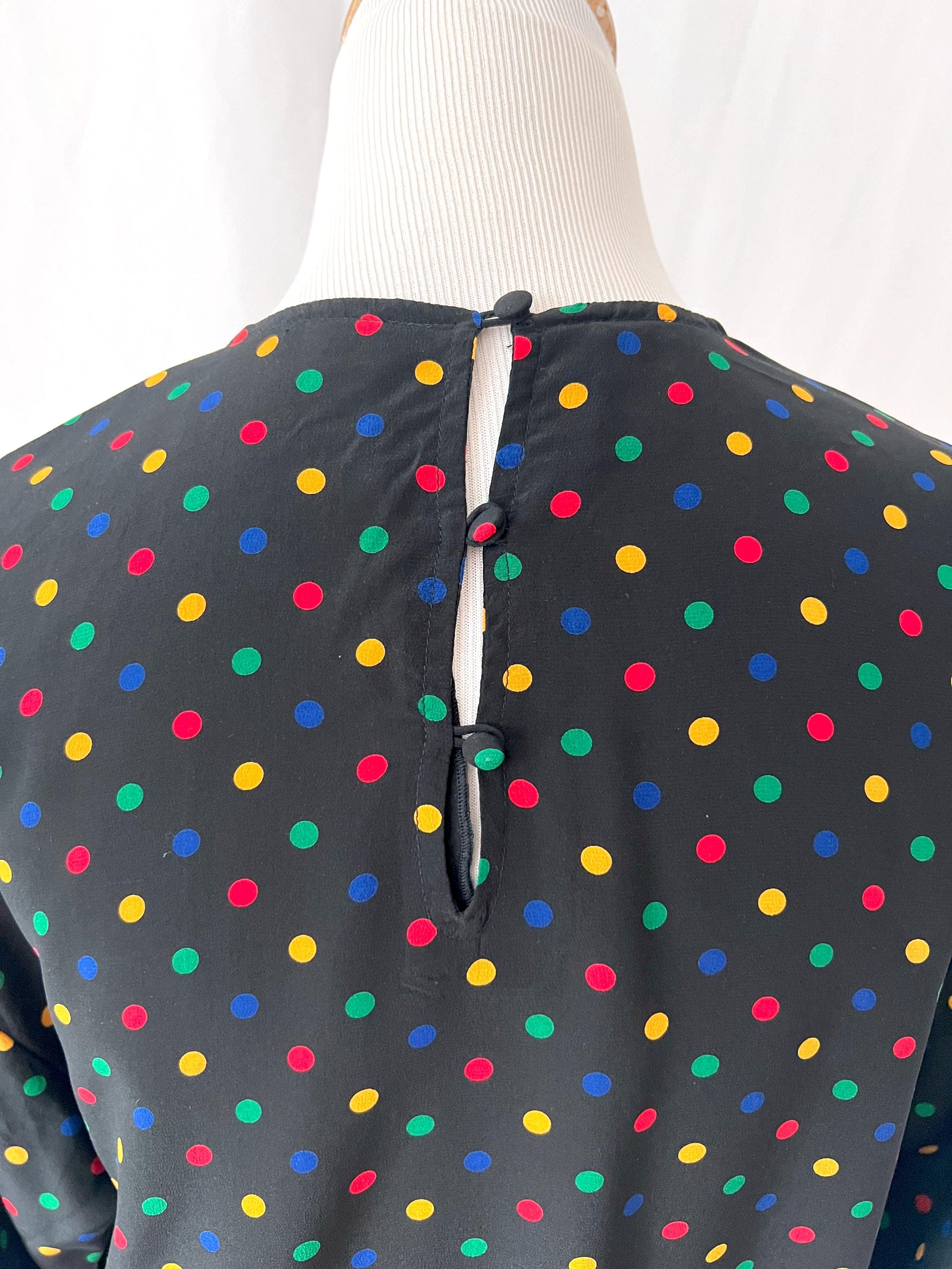 Vintage Jaeger Silk Blouse: 1980s Polka Dot with Fringe Sash, Small