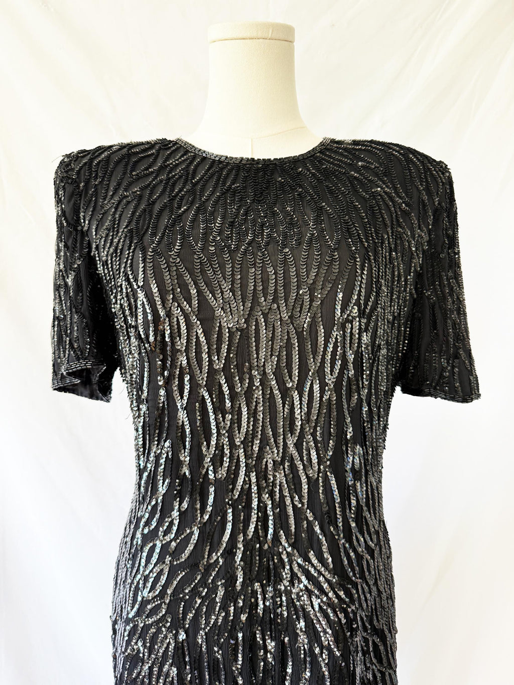 80s Beaded Silk Cocktail Dress: Laurence Kazar Black Sequin Flapper, Size Medium