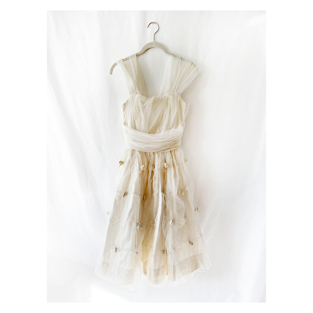 1950s vintage white tulle dress / rosettes / small