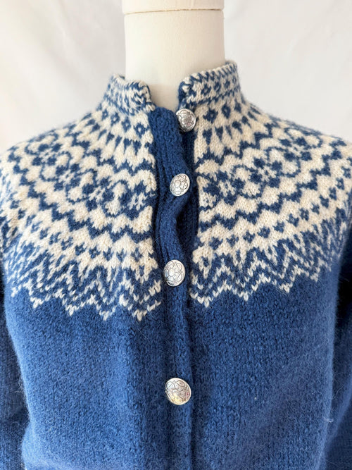 1960s Blue and White Norwegian Cardigan Sweater XS