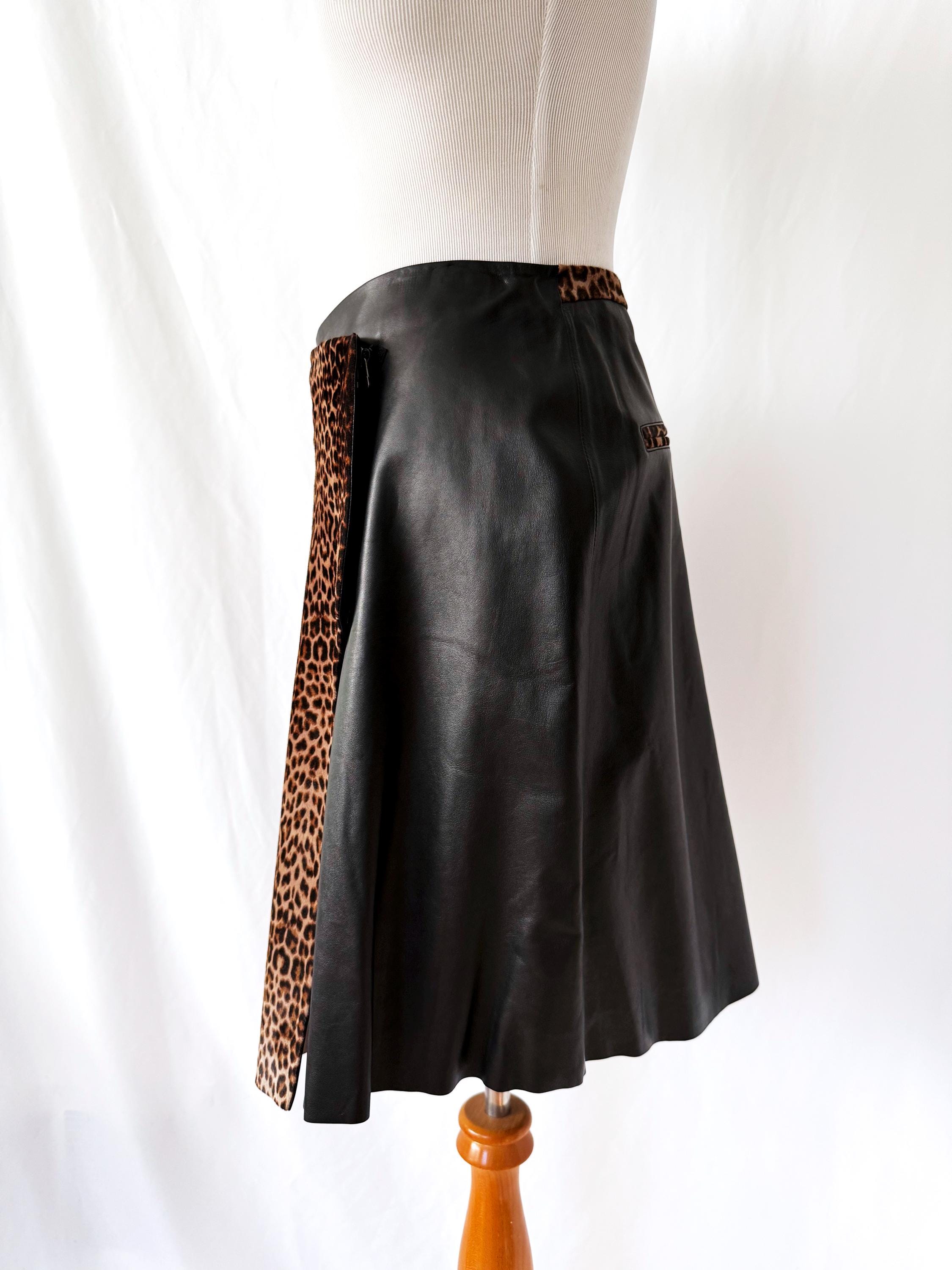 vintage leopard print leather skirt size 10 / 12