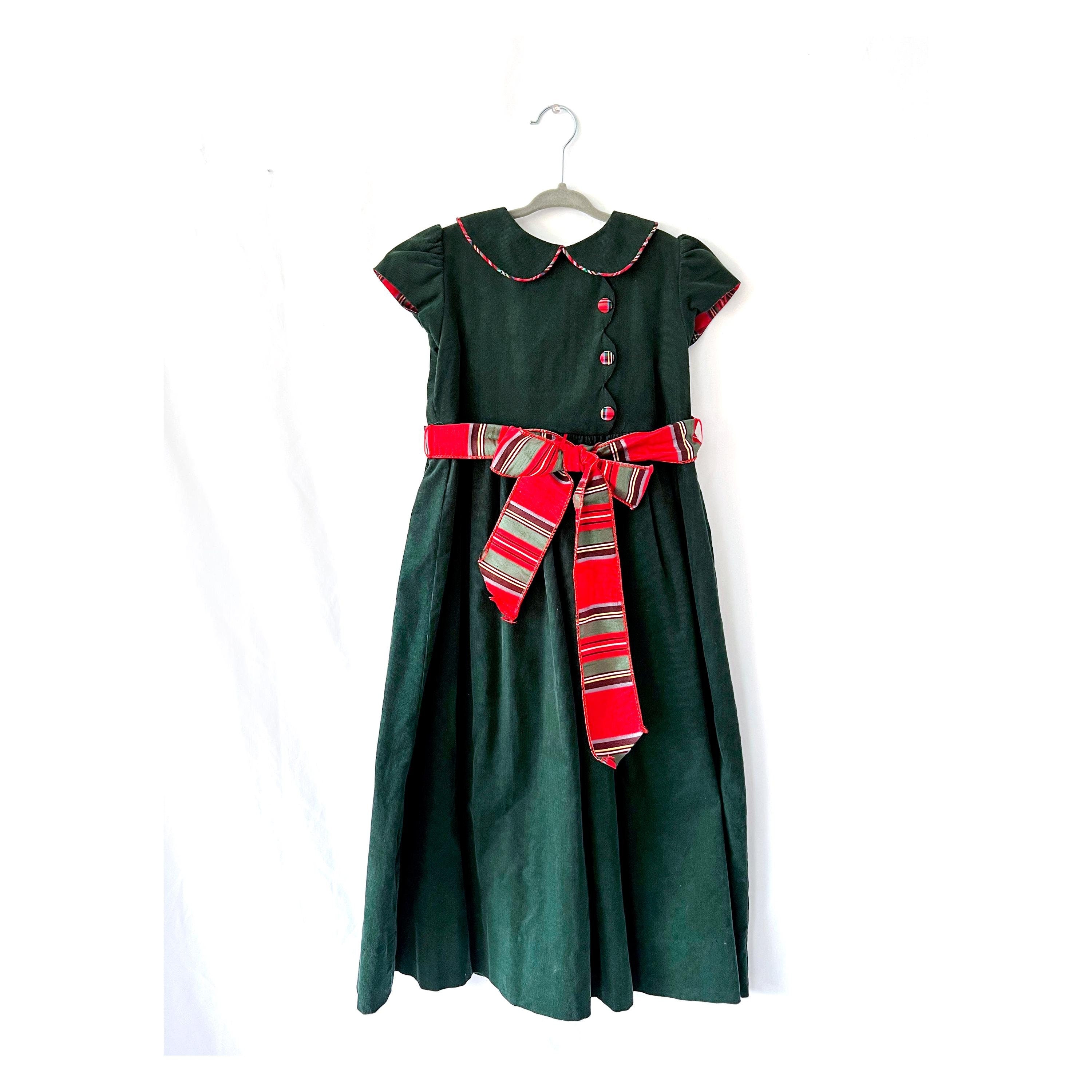 girls size 7 vintage dark green and tartan plaid dress / christmas dress