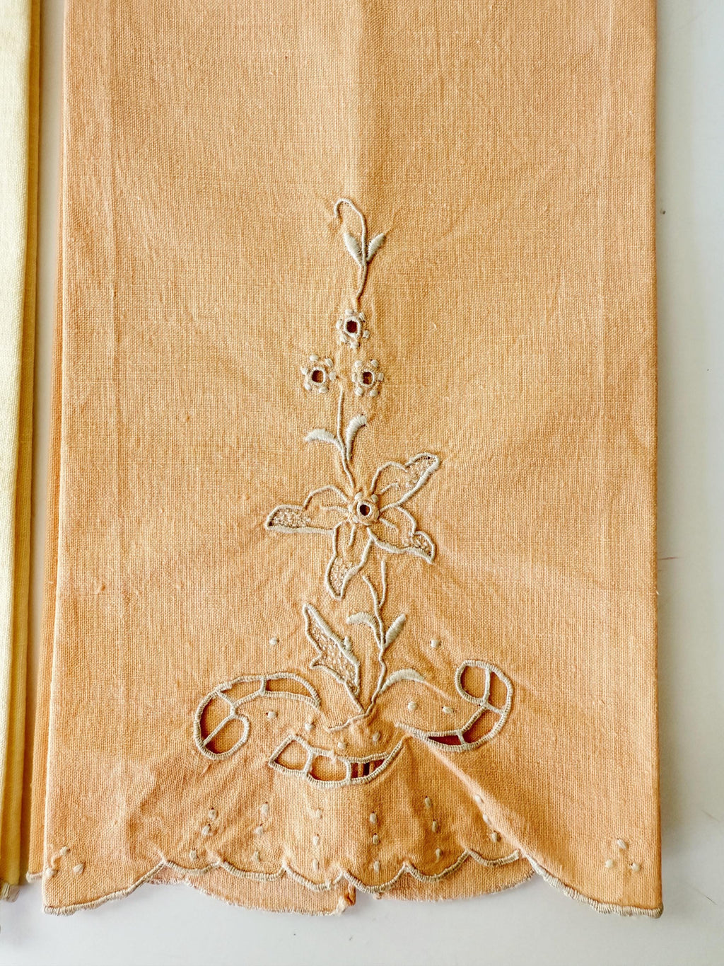 pair of fingertip towels floral embroidered pale yellow and peachy orange