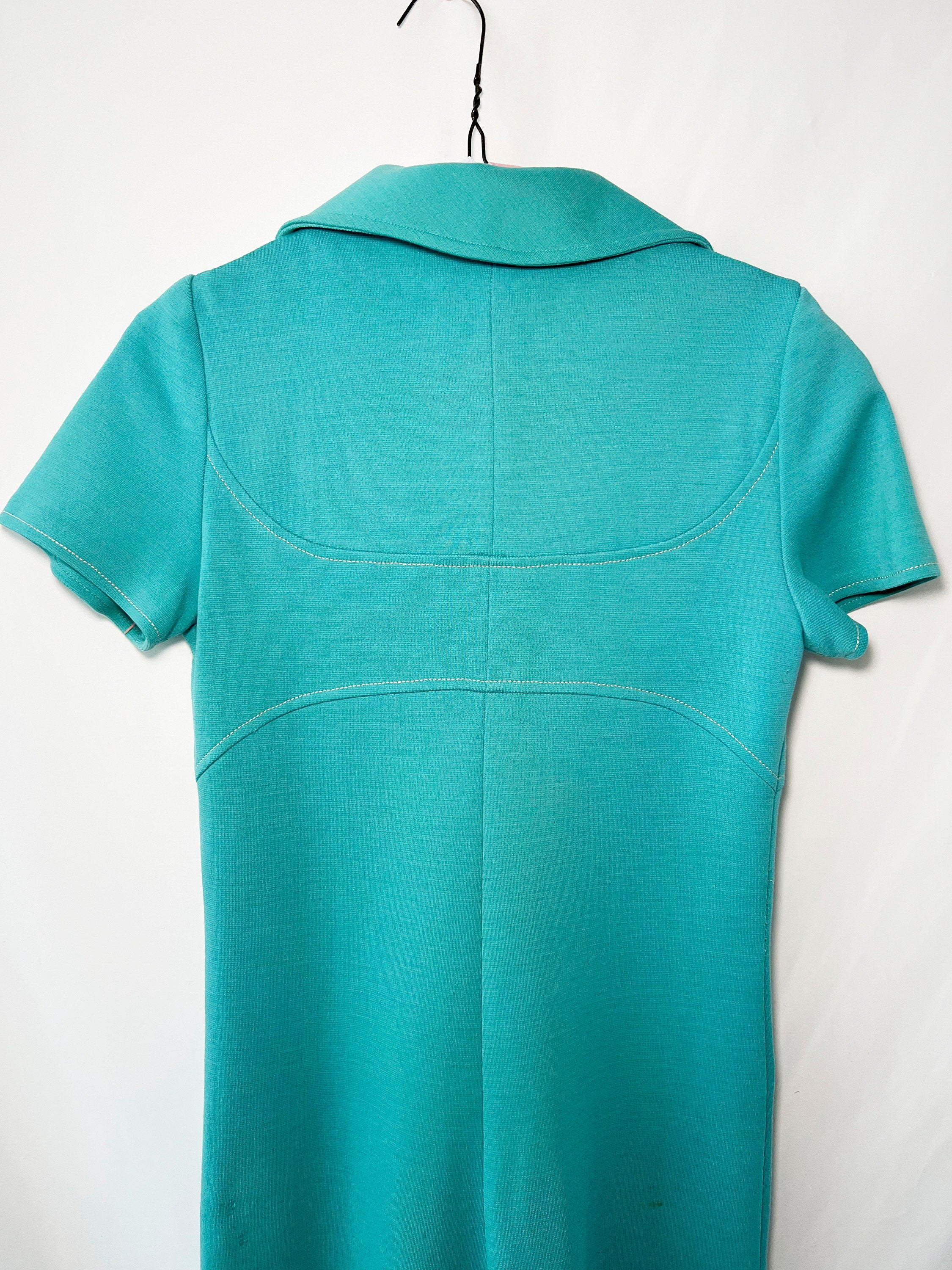 vintage 70s French jumpsuit turquoise zippered wool one piece  small