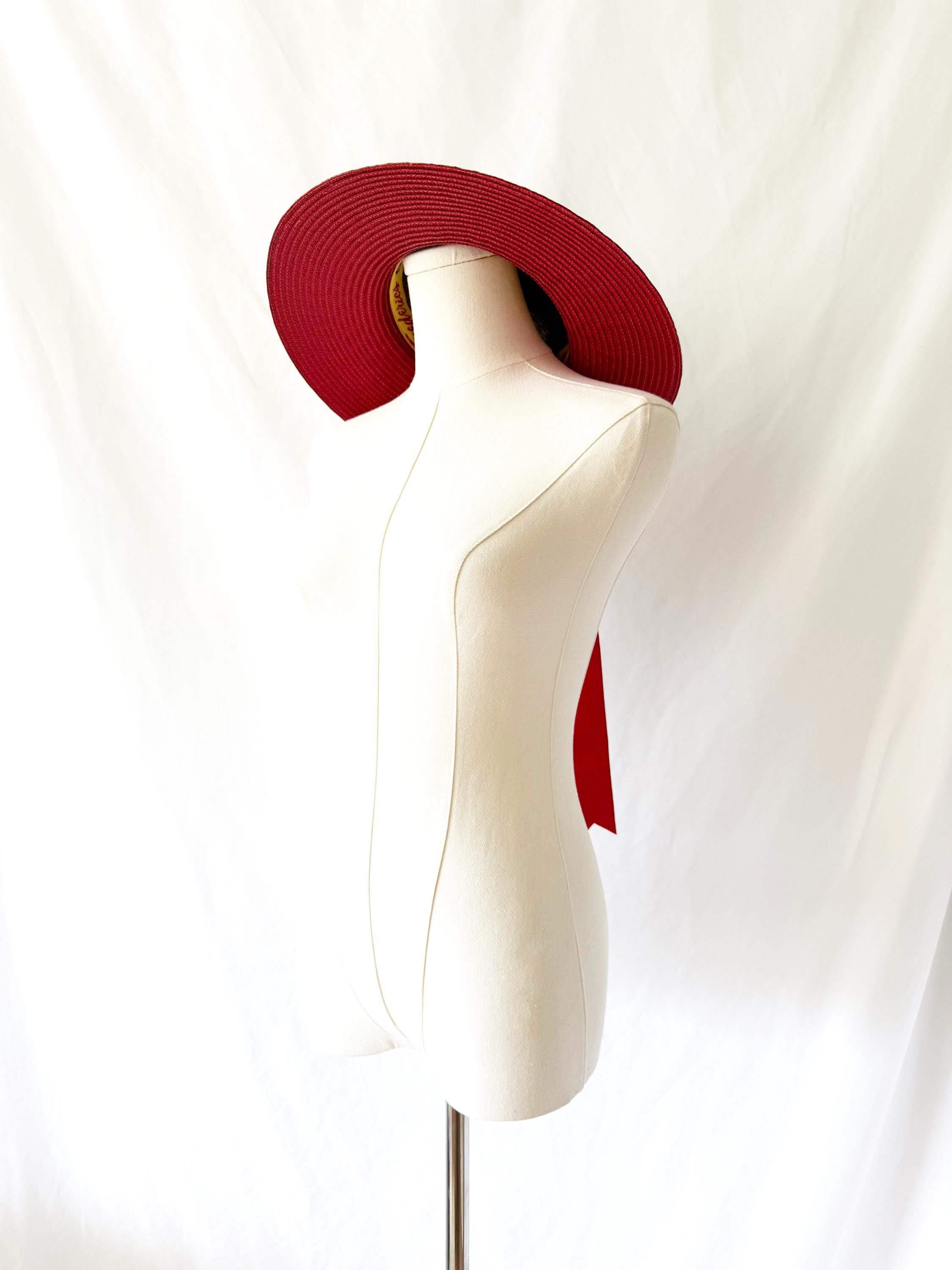 Vintage John Frederics Straw Boater Hat: Wide Brim, Red Velvet Ribbon
