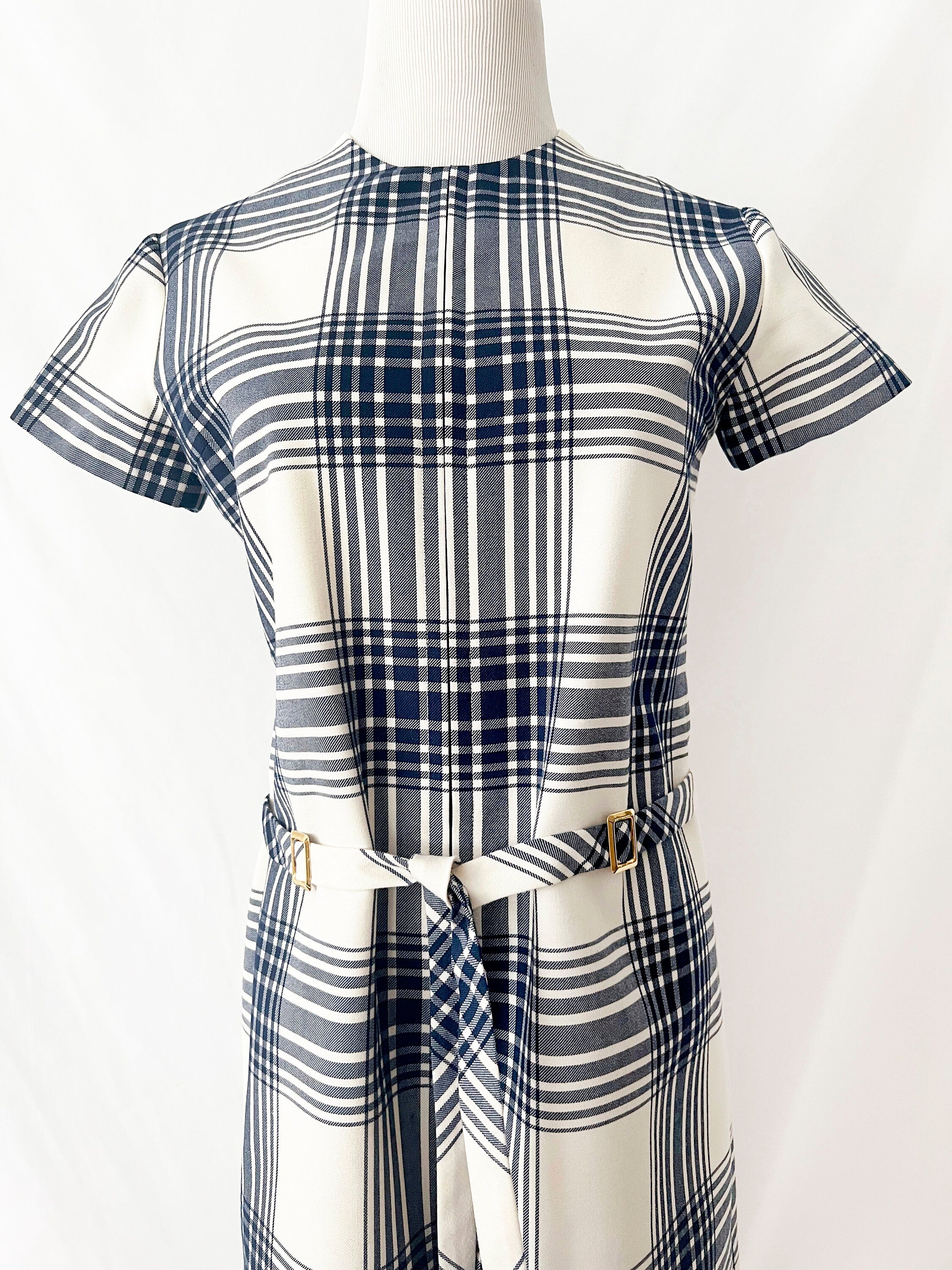 vintage 1960s plaid dress blue and white mod retro belted dress size 6