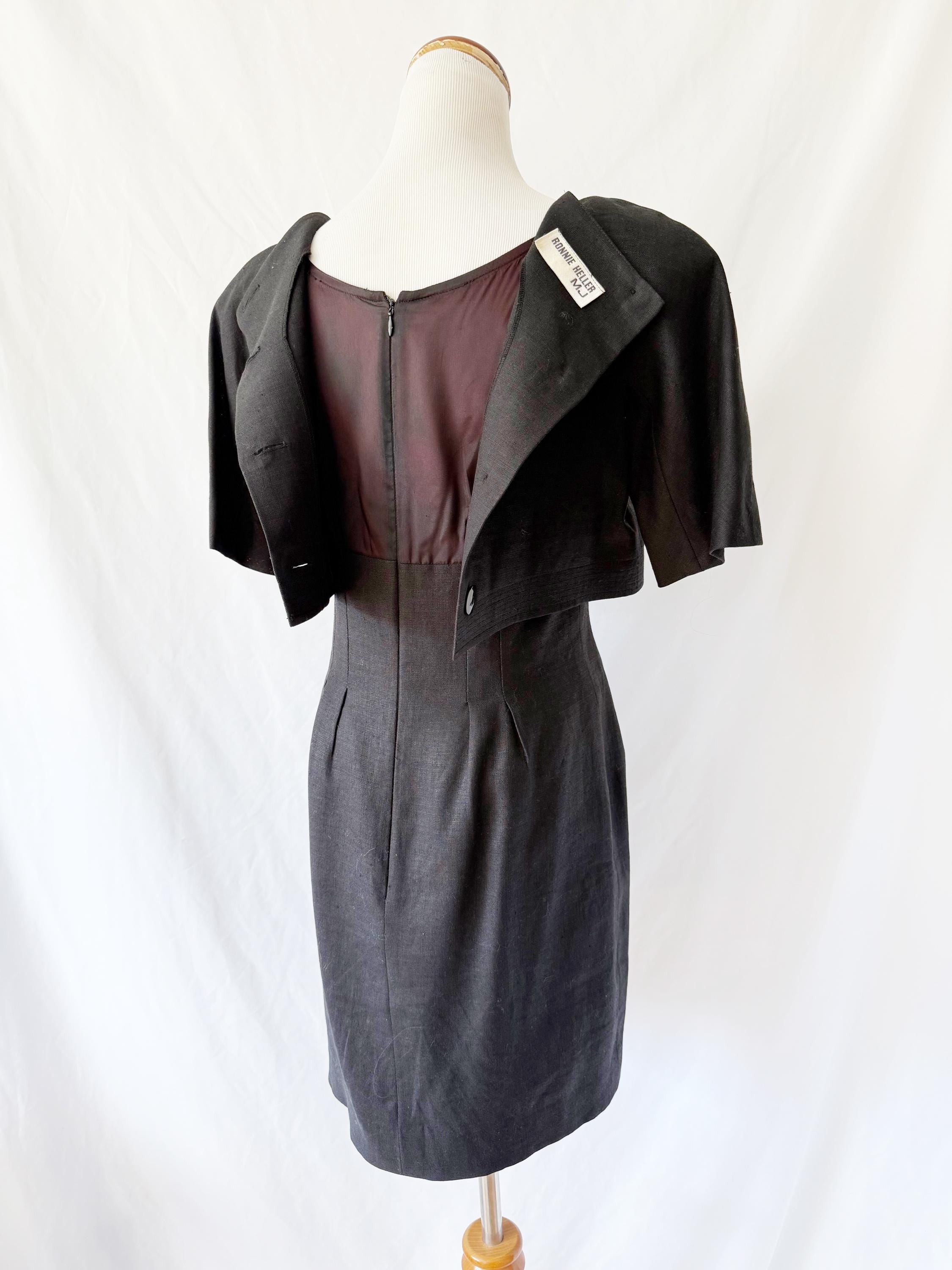 Vintage 1980s Ronnie Heller Black Linen Crop Top Dress Medium