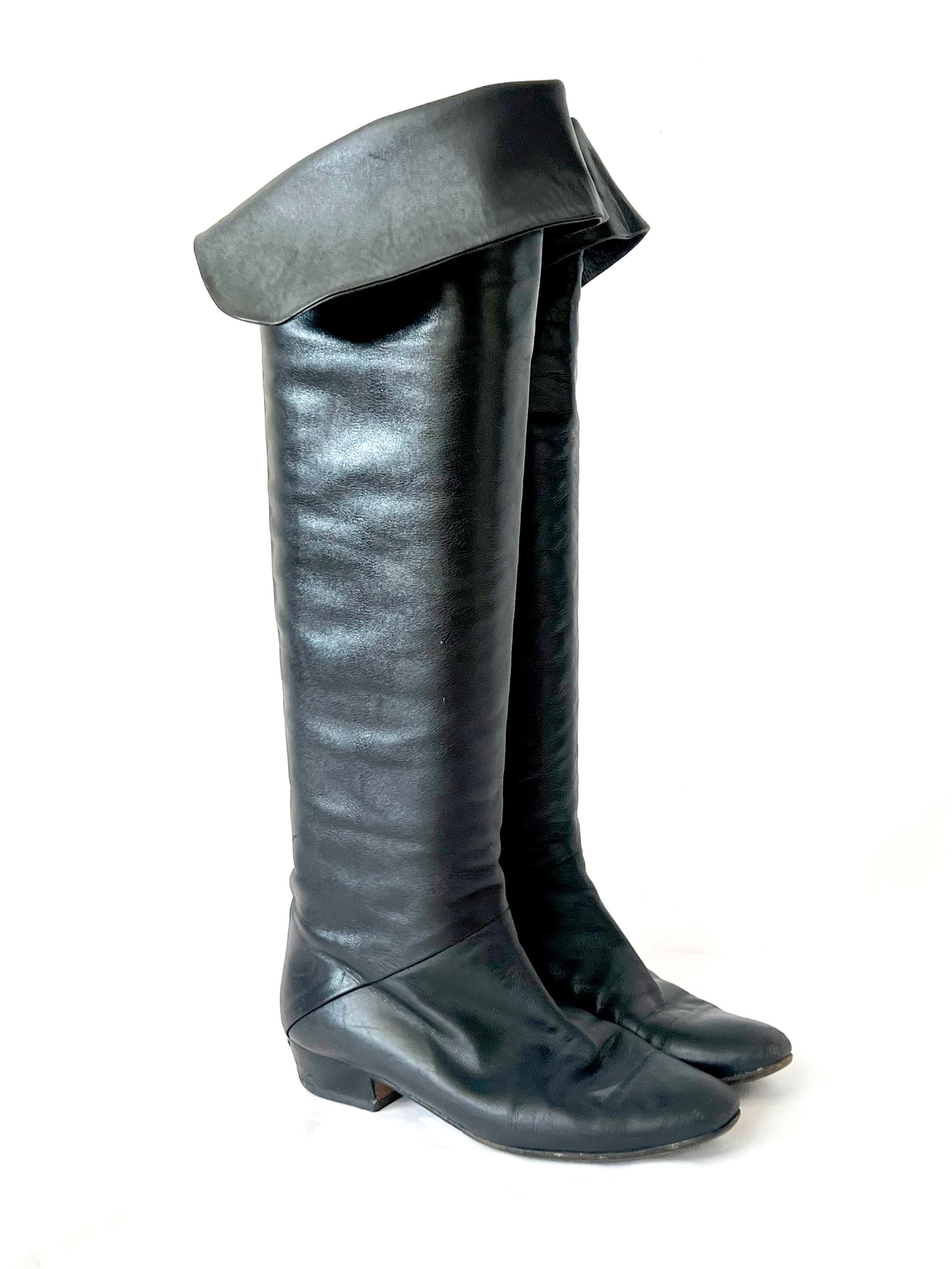 Vintage 80s Black Leather Pirate Boots - Italian Made, Size US 6.5