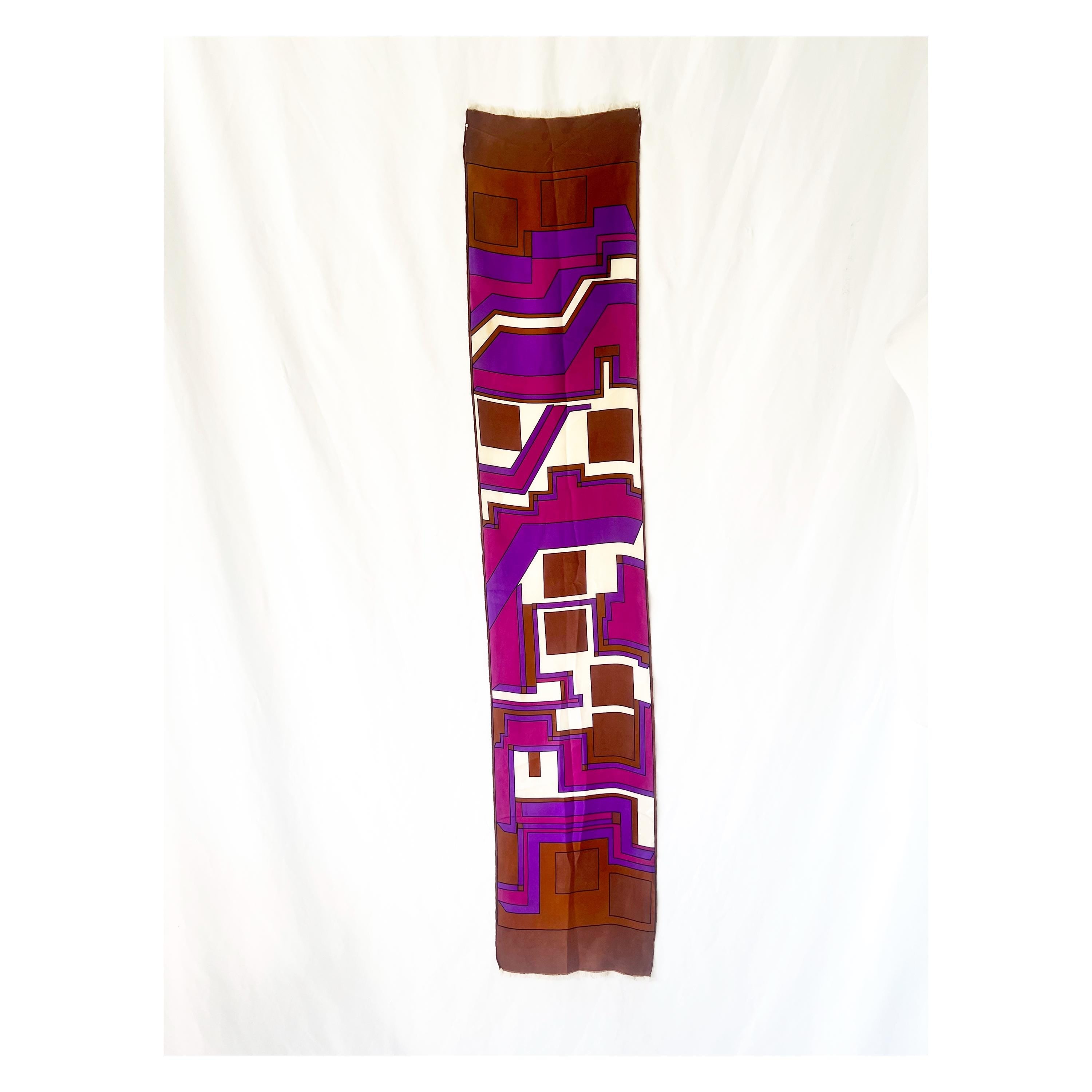 Vintage 1960s Geometric Silk Scarf: Purple, Brown & White