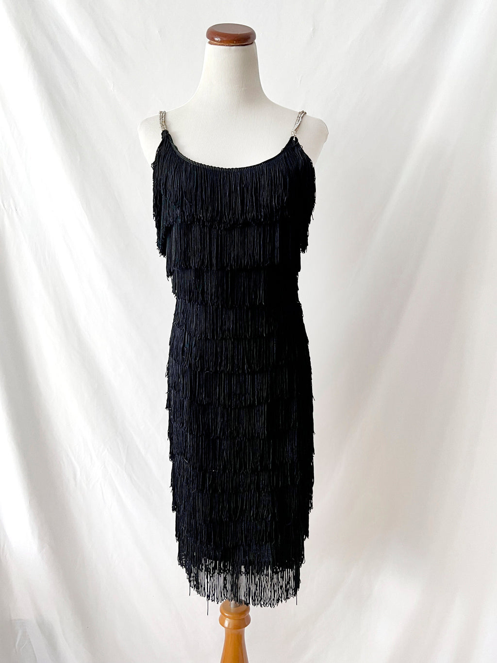 Vintage Black Fringe Dress with Rhinestone Straps - XS/S - Needs Repair