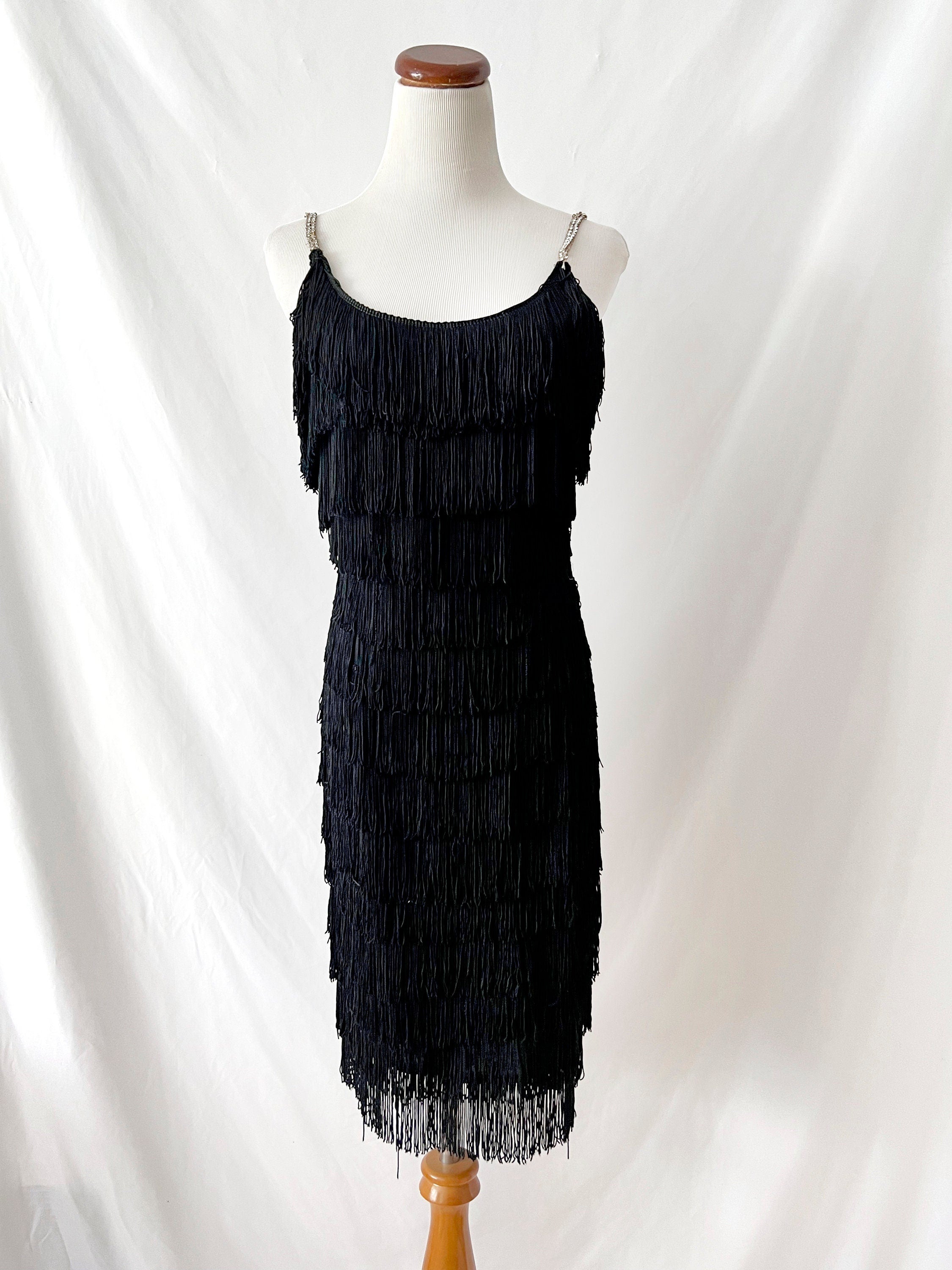 Vintage Black Fringe Dress with Rhinestone Straps - XS/S - Needs Repair