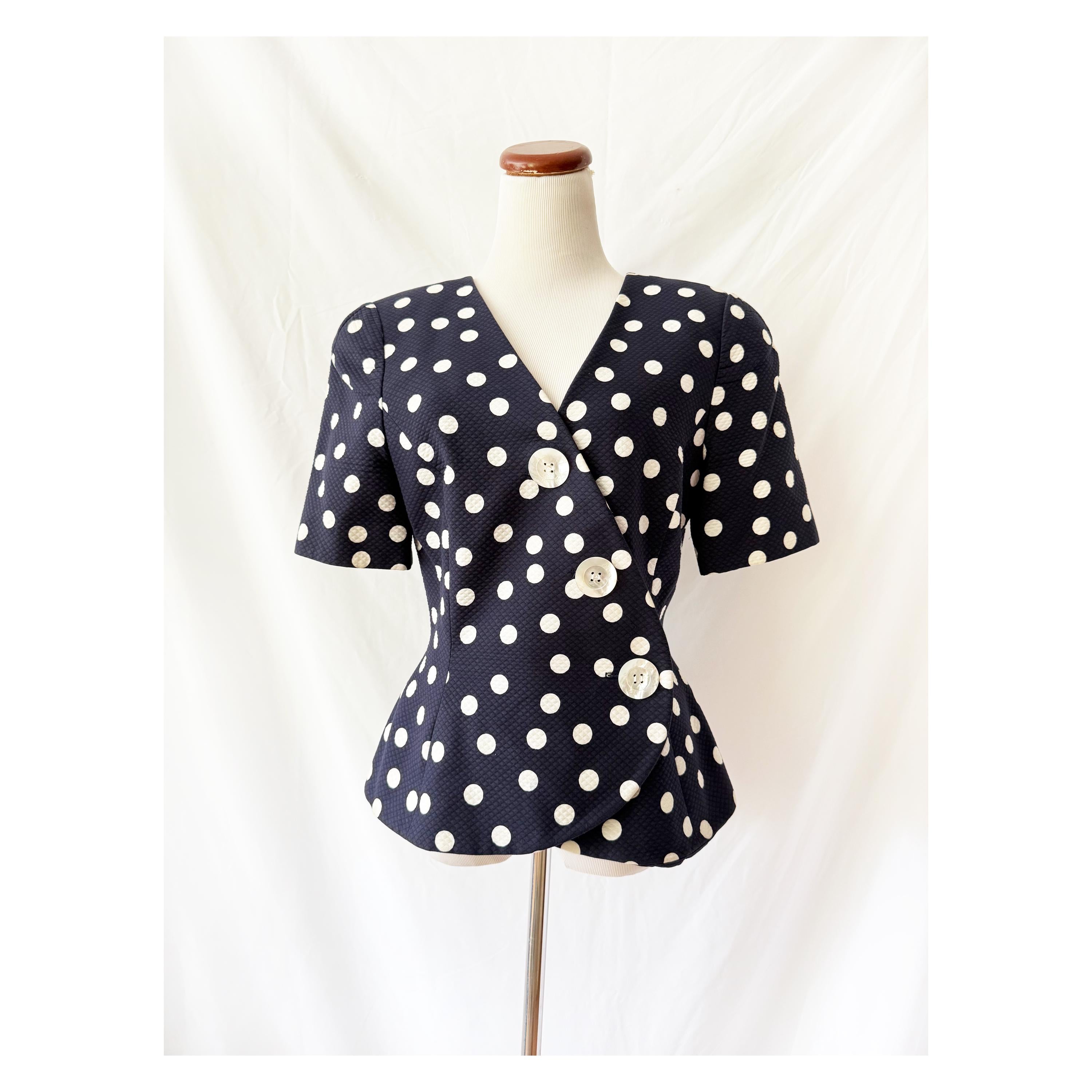 Albert Nipon Navy Blue Polka Dot Short Sleeve Blazer Blouse Medium