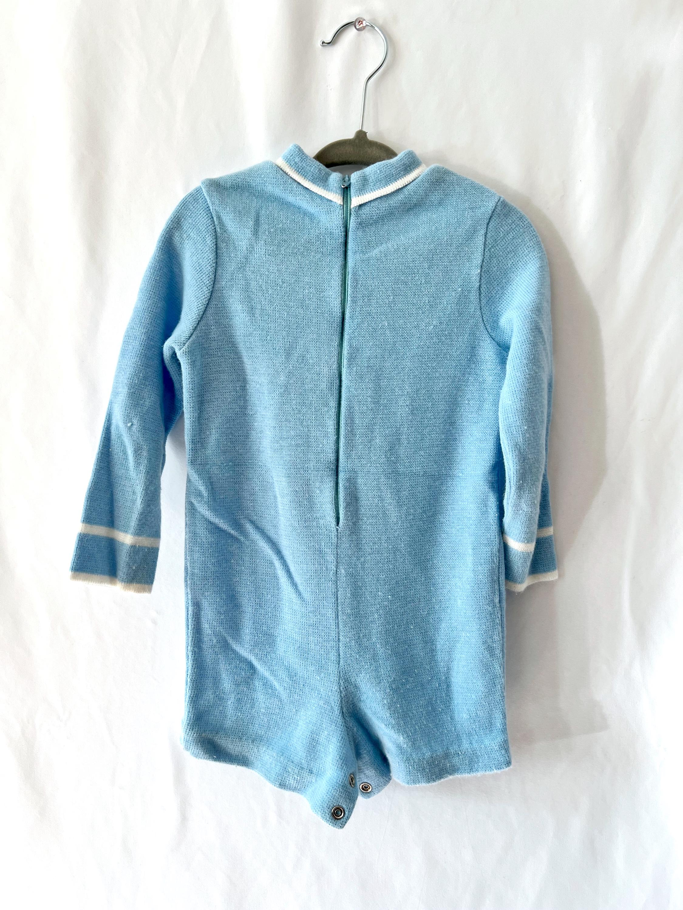 Vintage 1960s Knit Baby Romper: Blue Caterpillar Jumpsuit (12-14 Months)